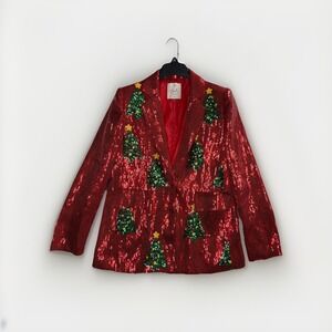 Fantastic‎ Fawn Sequin Christmas Tree Blazer Red Green Holiday Jacket Size M
